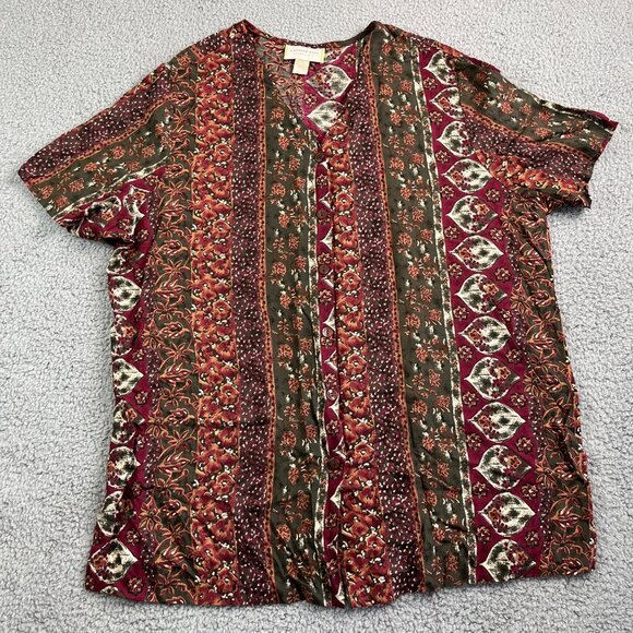 Capistrano Top Women Size 22W Red Brown Button Front Boho Rayon USA Aztec Tribal - Picture 1 of 8